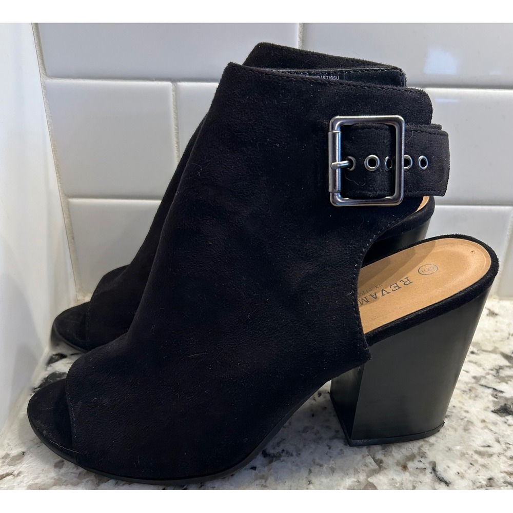Black‎ Peep Toe Ankle Booties Block Heels Buckle Open Toe Mule Shoes